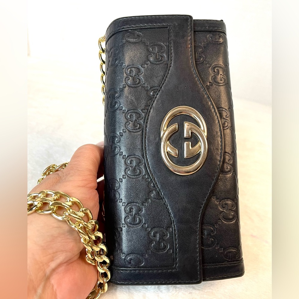 Gucci Black Leather GG Embossed Chain Wallet with Gold Hardware
